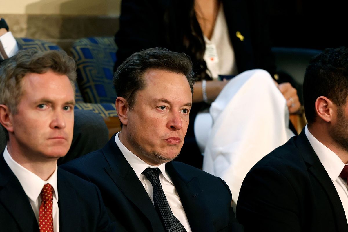 Tesla CEO Elon Musk (C) listens as Israeli Prime Minister Benjamin Netanyahu addresses a joint meeting of Congress in the chamber of the House of Representatives at the U.S. Capitol on July 24, 2024 in Washington, DC. (Anna Moneymaker/Getty Images)