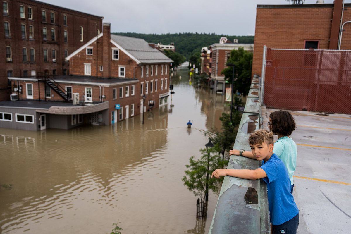 MONTPELIER, VT - JULY, 11: Flooding in downtown Montpelier, Vermont on Tuesday, July 11, 2023. Vermont has been under a State of Emergency since Sunday evening as heavy rains continued through Tuesday morning causing flooding across the state. ((Photo by John Tully for The Washington Post via Getty Images))