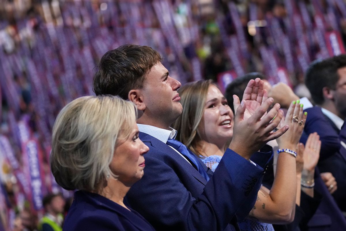 Minnesota first lady Gwen Walz and her children Gus Walz and Hope Walz listen as Democratic vice presidential candidate Minnesota Gov. Tim Walz speaks on stage during the third day of the Democratic National Convention at the United Center on August 21, 2024 in Chicago, Illinois. (Andrew Harnik/Getty Images)