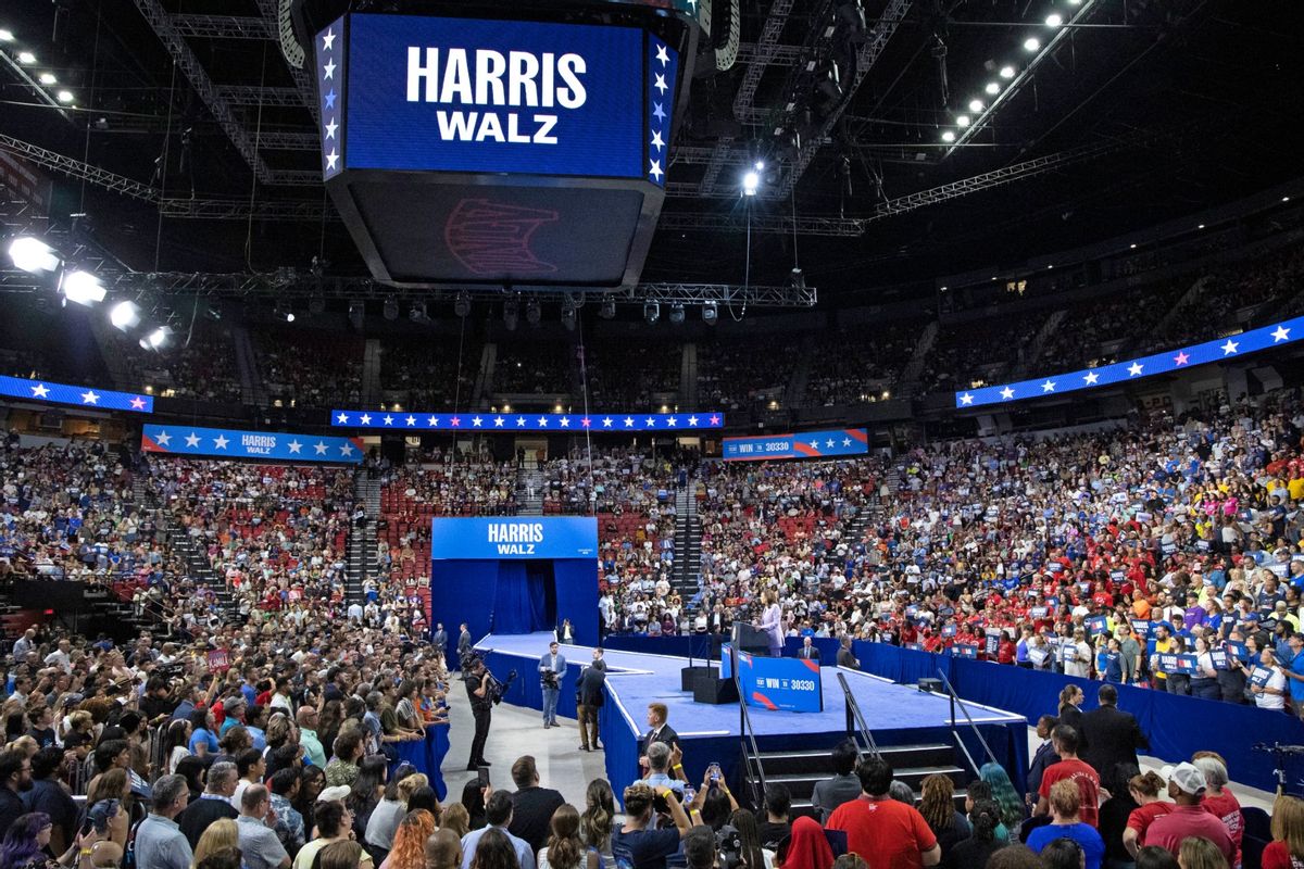 U.S. Vice President and Democratic presidential candidate Kamala Harris speaks during a campaign rally at the Thomas and Mack Center, University of Nevada in Las Vegas, Nevada, on August 10, 2024.  (RONDA CHURCHILL/AFP via Getty Images)