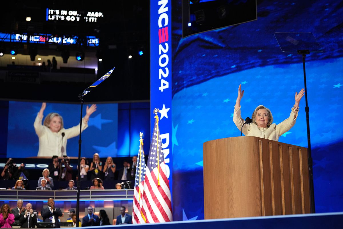 Former U.S. Secretary of State Hillary Clinton speaks onstage during the first day of the Democratic National Convention at the United Center on August 19, 2024 in Chicago, Illinois. (Andrew Harnik/Getty Images)