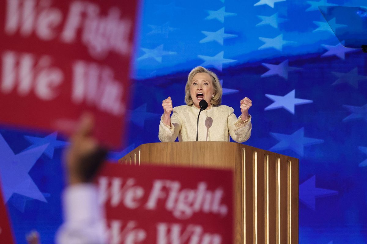 Former U.S. Secretary of State Hillary Clinton speaks onstage during the first day of the Democratic National Convention at the United Center on August 19, 2024 in Chicago, Illinois. (Alex Wong/Getty Images)