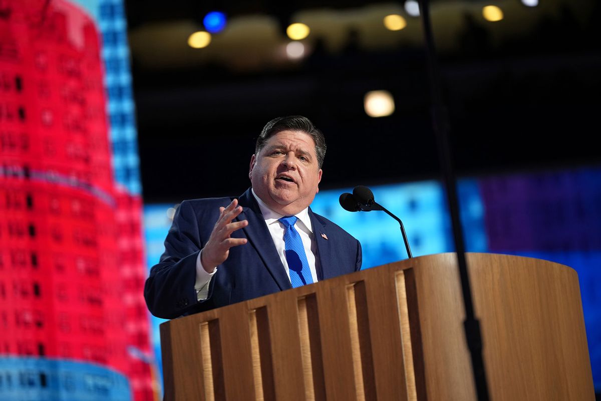 Illinois Gov. J.B. Pritzker speaks on stage during the second day of the Democratic National Convention at the United Center on August 20, 2024 in Chicago, Illinois. (Andrew Harnik/Getty Images)