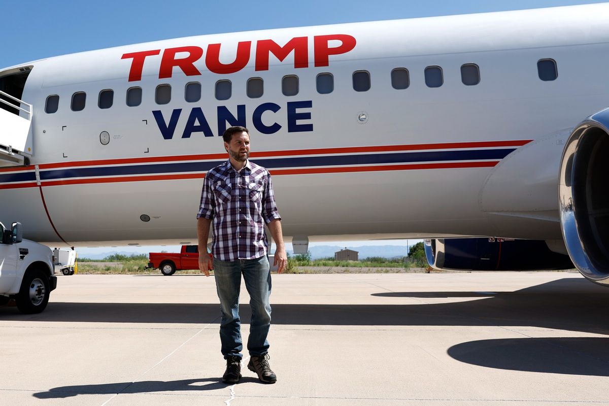 Republican vice presidential nominee U.S. Sen. JD Vance (R-OH) boards his plane as he departs Arizona following a tour of the U.S. southern border with Mexica, on August 01, 2024 in Sierra Vista, Arizona.  (Anna Moneymaker/Getty Images)