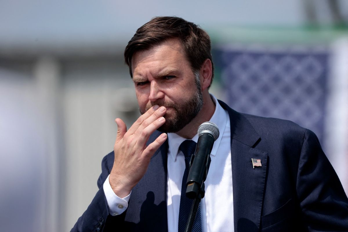 U.S. Senator and Republican vice presidential candidate J.D. Vance speaks during a campaign rally at Cordes, Inc., an industrial trucking company, in Byron Center, Michigan, August 14, 2024.  (JEFF KOWALSKY/AFP via Getty Images)