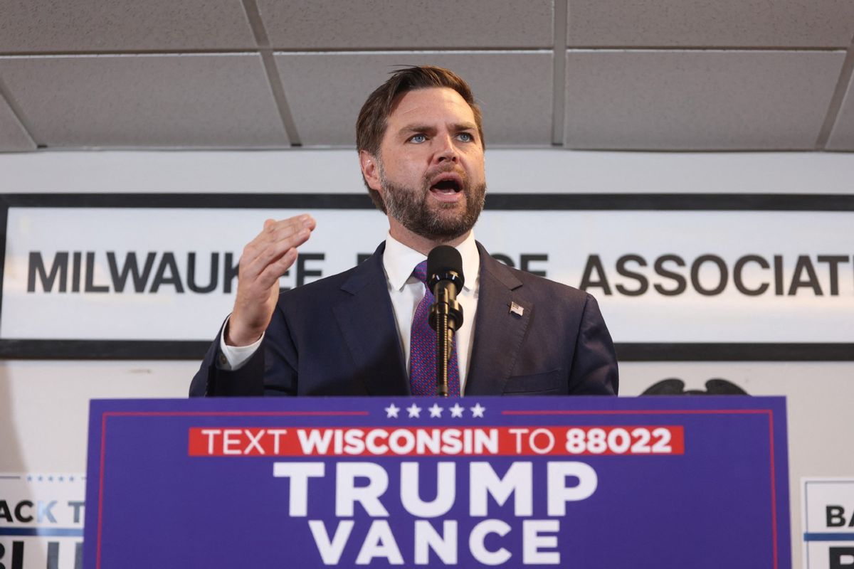 U.S. Senator and 2024 Republican vice presidential candidate J.D. Vance speaks during a campaign event at the Milwaukee Police Association in Milwaukee, Wisconsin, on August 16, 2024.  (ALEX WROBLEWSKI/AFP via Getty Images)