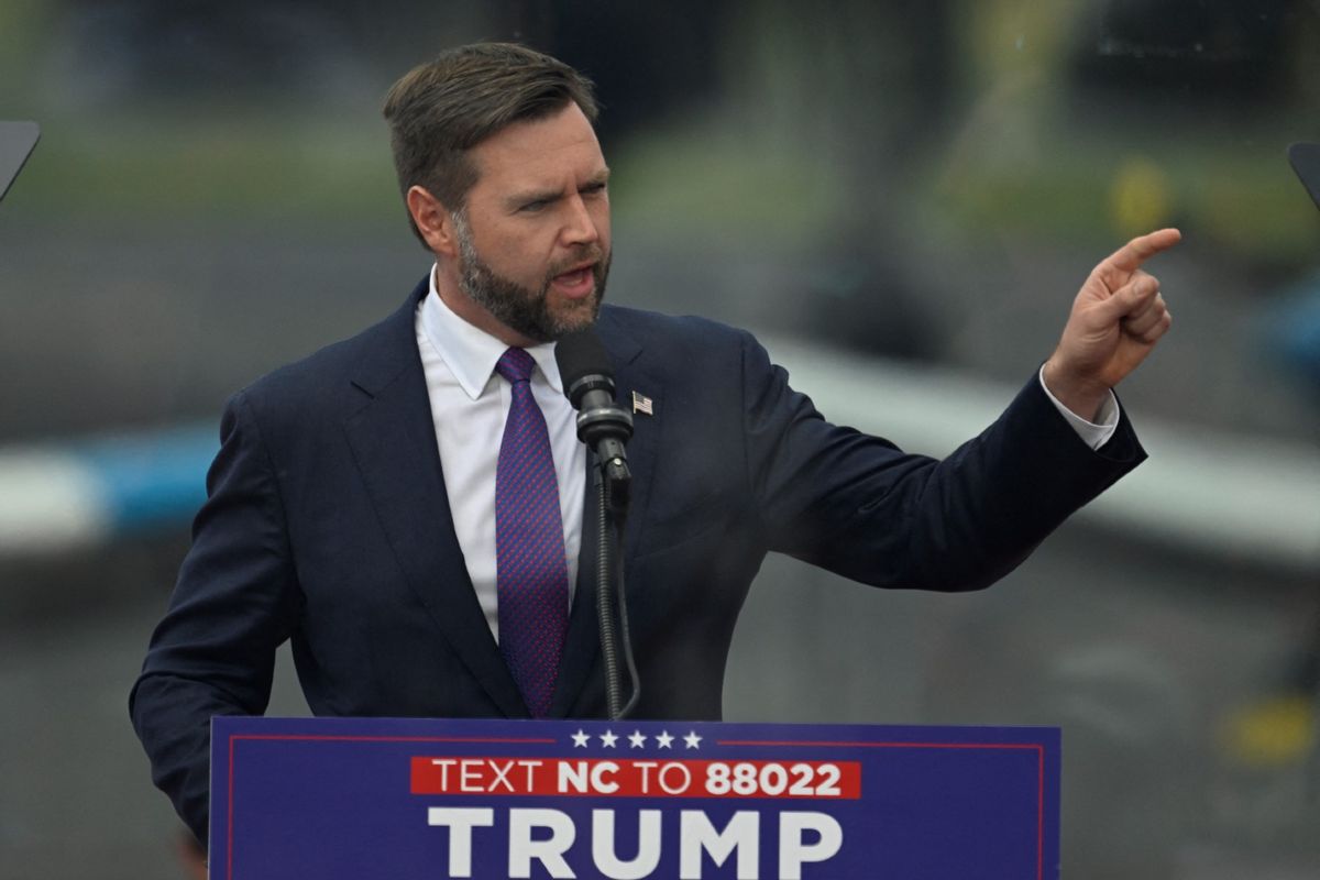 J.D. Vance speaks during a campaign rally at the North Carolina Aviation Museum & Hall of Fame in Asheboro, North Carolina, August 21, 2024.  (PETER ZAY/AFP via Getty Images)