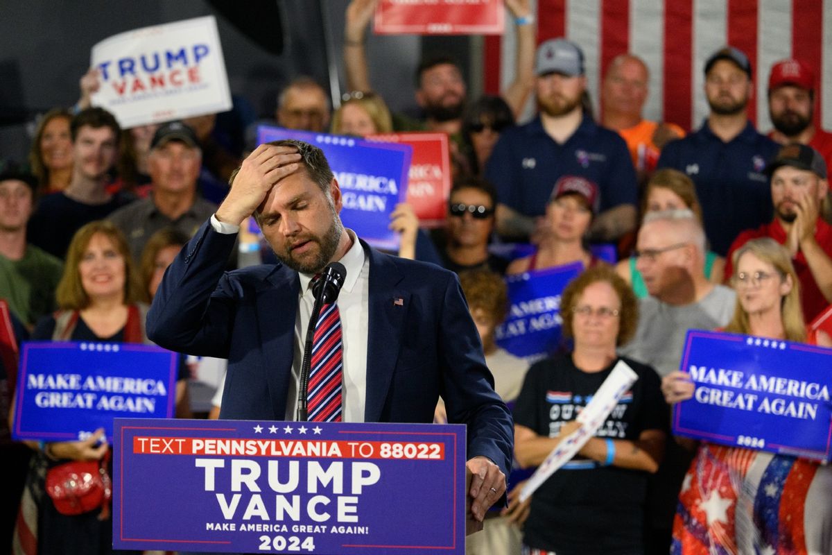 Republican vice presidential nominee, U.S. Sen. J.D. Vance (R-OH) speaks at a rally at trucking company, Team Hardinger on August 28, 2024 in Erie, Pennsylvania. (Jeff Swensen/Getty Images)