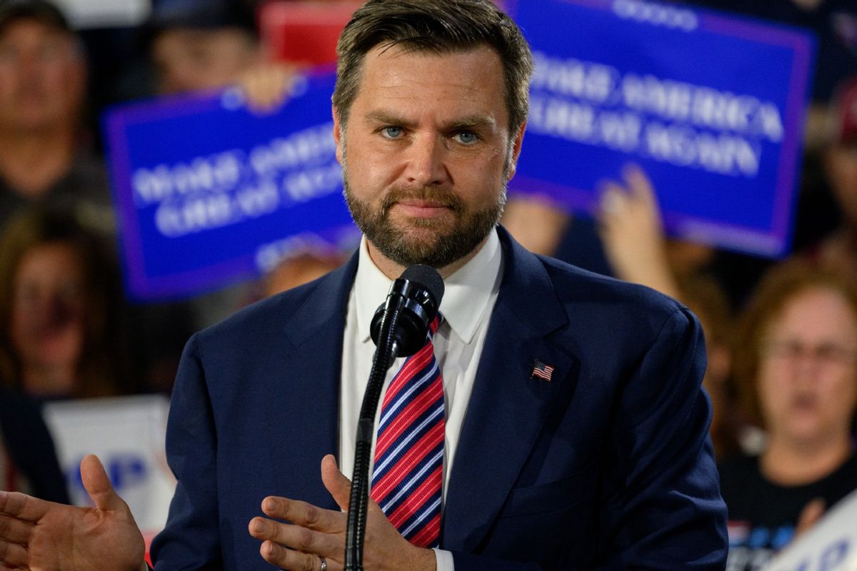 Republican vice presidential nominee, U.S. Sen. J.D. Vance (R-OH) speaks at a rally at trucking company, Team Hardinger on August 28, 2024 in Erie, Pennsylvania.  (Jeff Swensen/Getty Images)