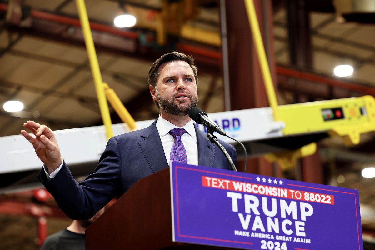 Republican vice presidential candidate, Sen. J.D. Vance (R-OH) speaks at NMC-Wollard Inc. / Wollard International on August 07, 2024 in Eau Claire, Wisconsin. (Adam Bettcher/Getty Images)