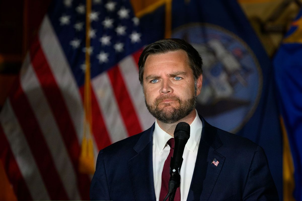 Republican Vice Presidential candidate Sen. JD Vance (R-OH) speaks at a campaign rally at VFW Post 92 on August 15, 2024 in New Kensington, Pennsylvania. (Jeff Swensen/Getty Images)