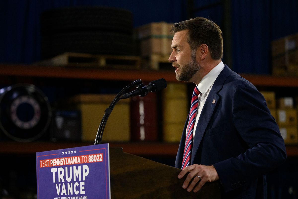 Republican vice presidential nominee, U.S. Sen. J.D. Vance (R-OH) speaks at a rally at trucking company, Team Hardinger on August 28, 2024 in Erie, Pennsylvania. (Jeff Swensen/Getty Images)