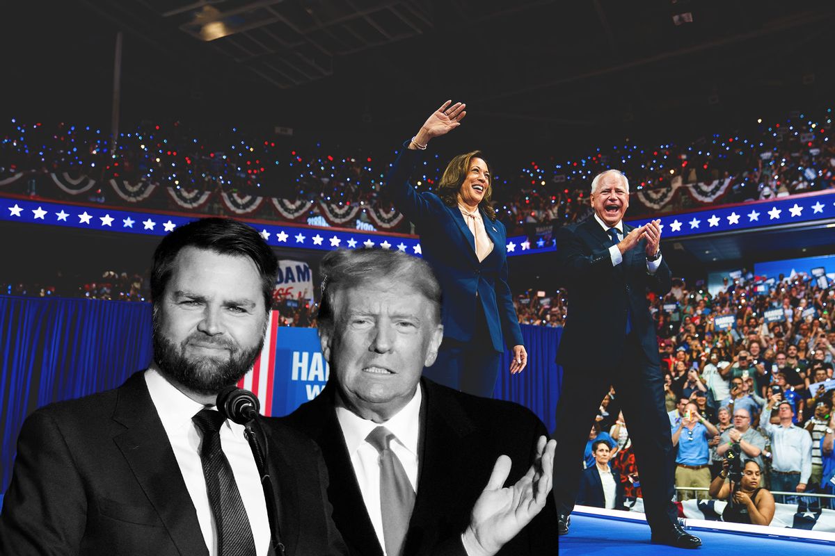 JD Vance, Donald Trump, Kamala Harris and Tim Walz (Photo illustration by Salon/Getty Images)