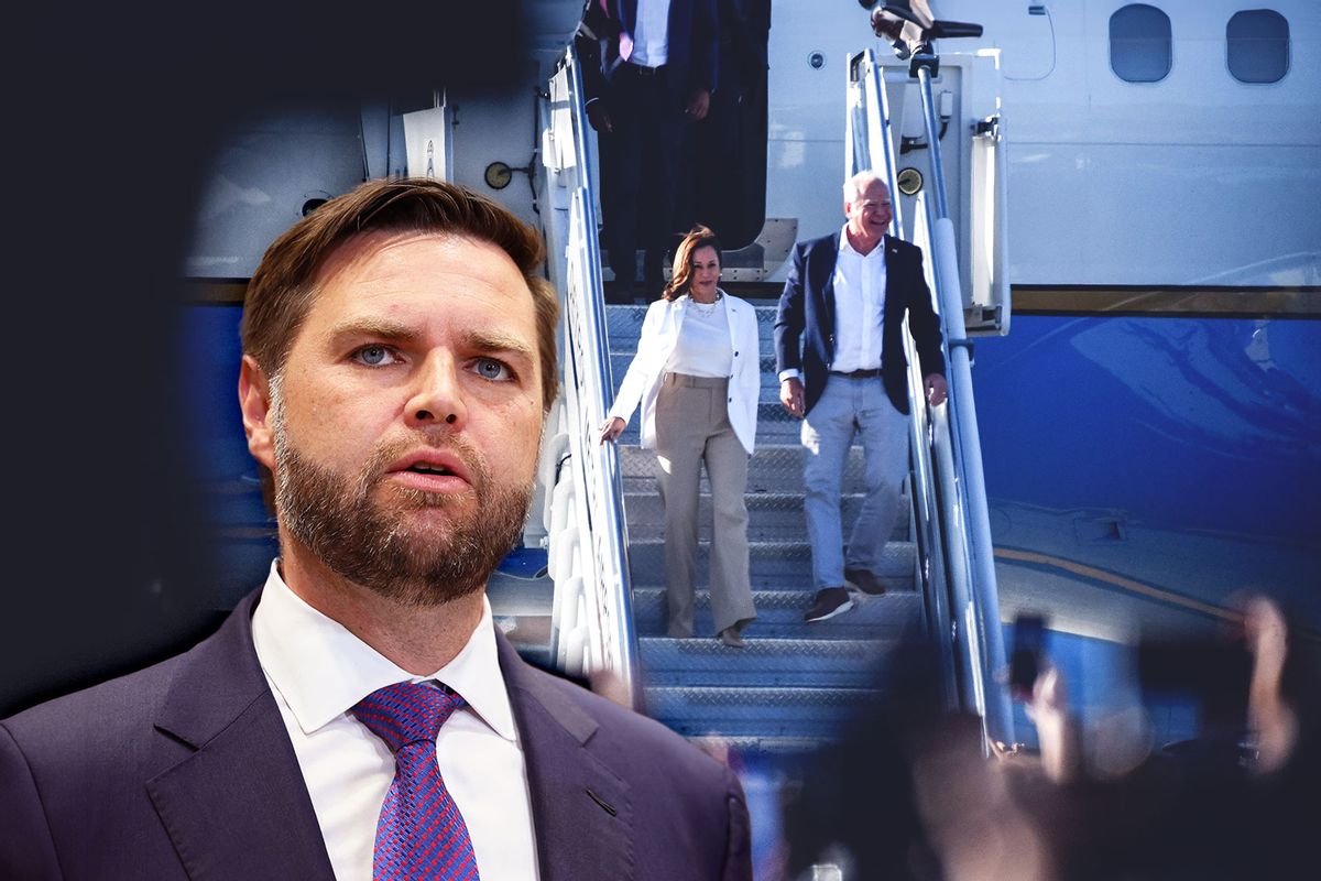 JD Vance | Kamala Harris and Tim Walz exit Air Force Two as several thousand attendees applaud their arrival for their presidential campaign rally at Detroit Metropolitan Wayne County Airport in Romulus, MI on August 7, 2024. (Photo illustration by Salon/Getty Images)