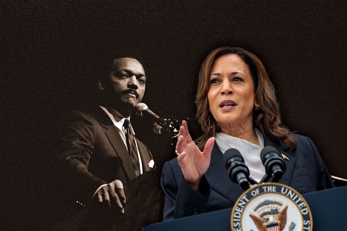 Reverend Jesse Jackson speaks to a Democratic gathering at the Cheyenne Civic Center on April 20, 1989 in Cheyenne, Wyoming. | U.S. Vice President Kamala Harris (Photo illustration by Salon/Getty Images)