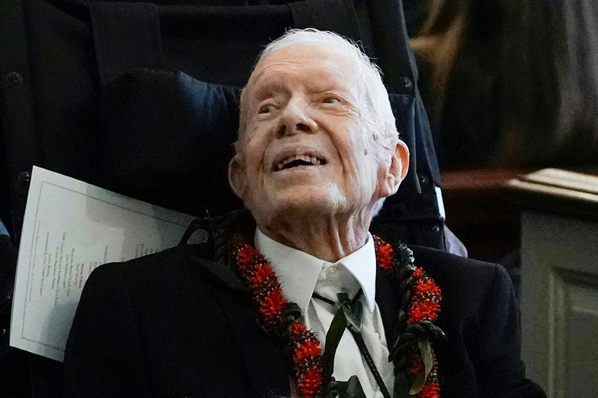 Former President Jimmy Carter departs after the funeral service for former First Lady Rosalynn Carter at Maranatha Baptist Church, in Plains, Georgia, on November 29, 2023.  (ALEX BRANDON/POOL/AFP via Getty Images)