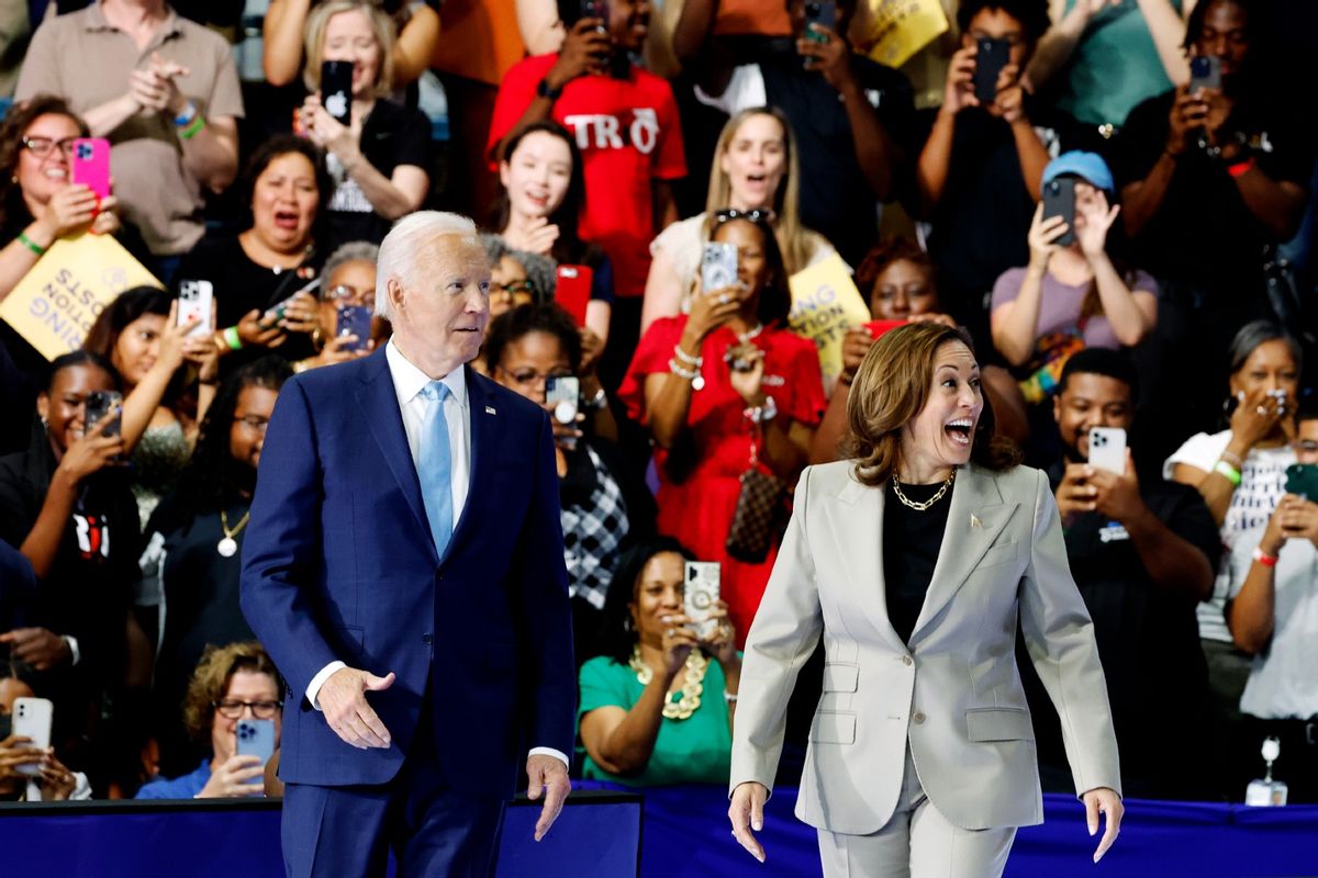 U.S. President Joe Biden and U.S. Vice President Kamala Harris walk onstage at Prince George’s Community College on August 15, 2024 in Largo, Maryland.  (Anna Moneymaker/Getty Images)