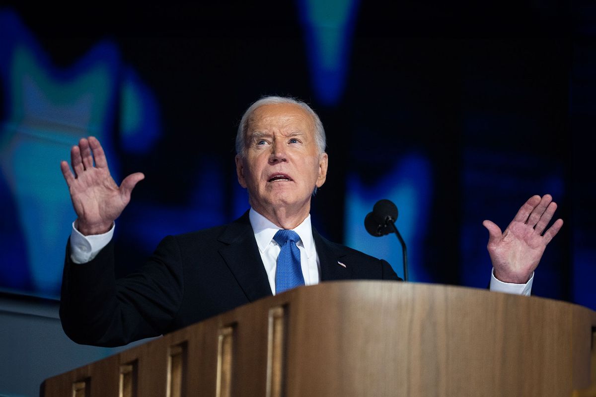 President Joe Biden addresses the Democratic National Convention at the United Center in Chicago, Ill., on Monday, August 19, 2024. (Tom Williams/CQ-Roll Call, Inc via Getty Images)