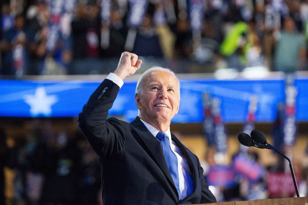 President of the United States Joe Biden greets the crowd during the 2024 Democratic National Convention in Chicago, Illinois, United States on August 19, 2024. (Jacek Boczarski/Anadolu via Getty Images)