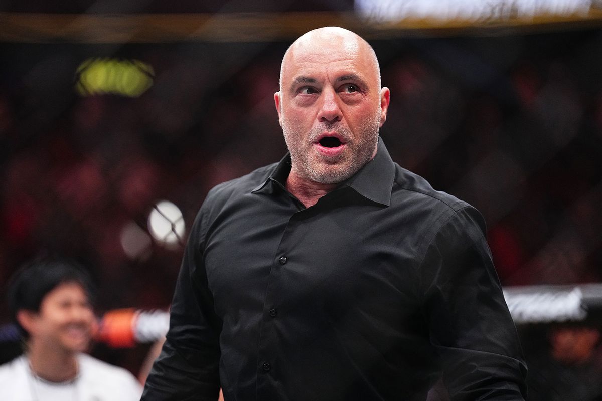 Joe Rogan reacts to the knockout win by Max Holloway in the BMF championship fight during the UFC 300 event at T-Mobile Arena on April 13, 2024 in Las Vegas, Nevada. (Chris Unger/Zuffa LLC via Getty Images)