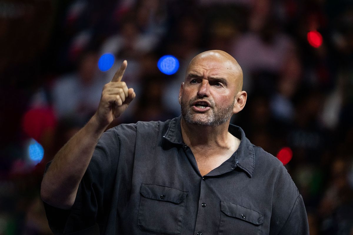 Sen. John Fetterman, D-Pa., speaks during a rally to kick off the campaign of Vice President Kamala Harris, Democratic nominee for president, and her running mate Minnesota Gov. Tim Walz, at the Liacouras Center in Philadelphia, Pa., on Tuesday, August 6, 2024. (Tom Williams/CQ-Roll Call, Inc via Getty Images)