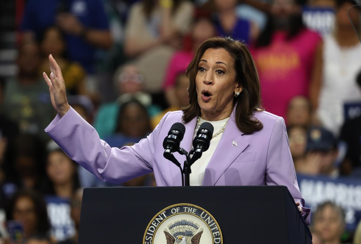 Democratic presidential candidate, U.S. Vice President Kamala Harris speaks during a campaign rally with Democratic vice presidential candidate Minnesota Governor Tim Walz at the University of Las Vegas Thomas & Mack Center on August 10, 2024 in Las Vegas, Nevada. ( Justin Sullivan/Getty Images)