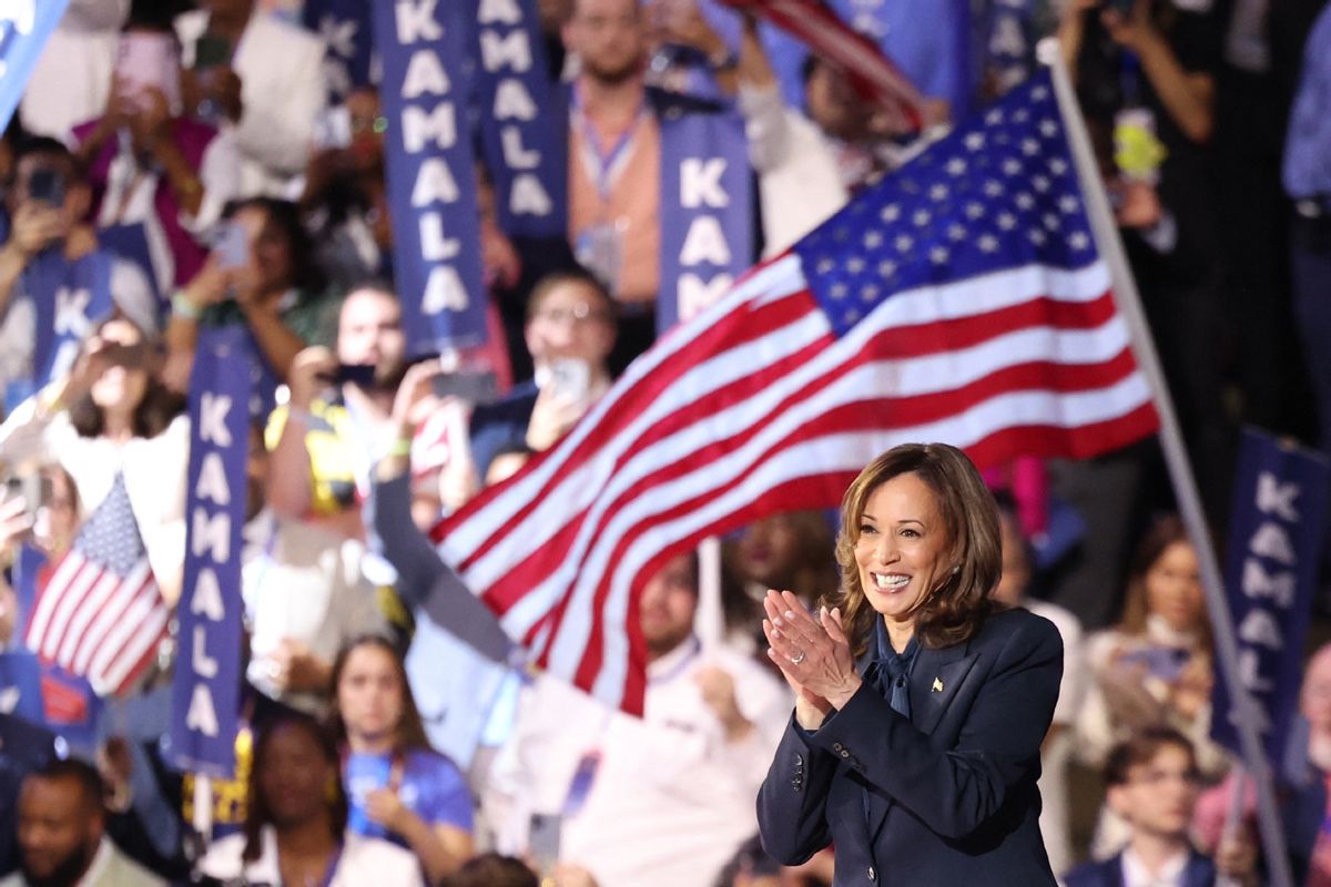 U.S. Vice President and 2024 Democratic presidential candidate Kamala Harris waves as she leaves the stage on the fourth and last day of the Democratic National Convention (DNC) at the United Center in Chicago, Illinois, on August 22, 2024.  (CHARLY TRIBALLEAU/AFP via Getty Images)