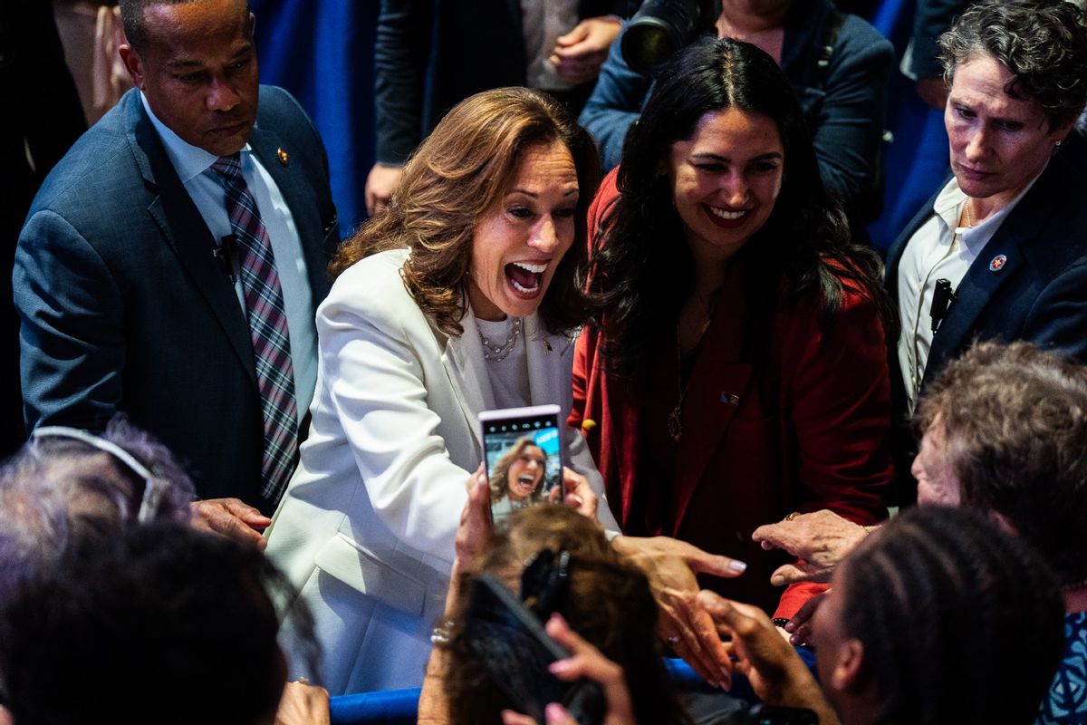 Democratic presidential nominee Vice President Kamala Harris shakes hands with supporters during a campaign rally at Enmarket Arena in Savannah, Georgia on Thursday, August 29, 2024.  ( Demetrius Freeman/The Washington Post via Getty Images)