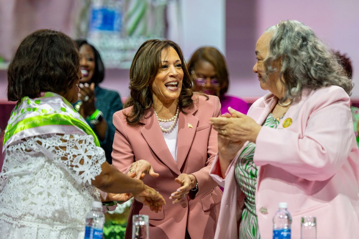 Vice President Kamala Harris greets members of the Alpha Kappa Alpha Sorority after speaking at the Kay Bailey Hutchison Convention Center on July 10, 2024, in Dallas, Texas. (Brandon Bell/Getty Images)