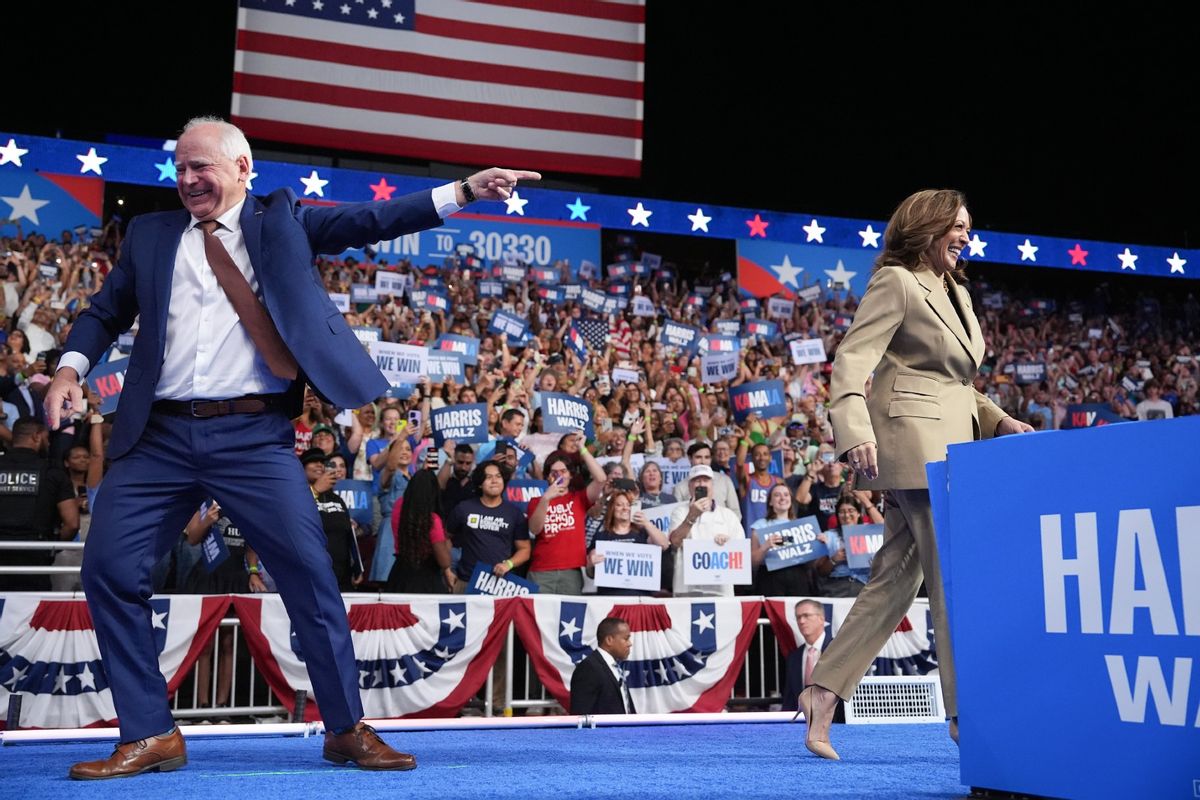 Democratic presidential candidate, U.S. Vice President Kamala Harris and Democratic vice presidential candidate Minnesota Gov. Tim Walz appear at a campaign rally at Desert Diamond Arena on August 9, 2024, in Glendale, Arizona.  (Andrew Harnik/Getty Images)