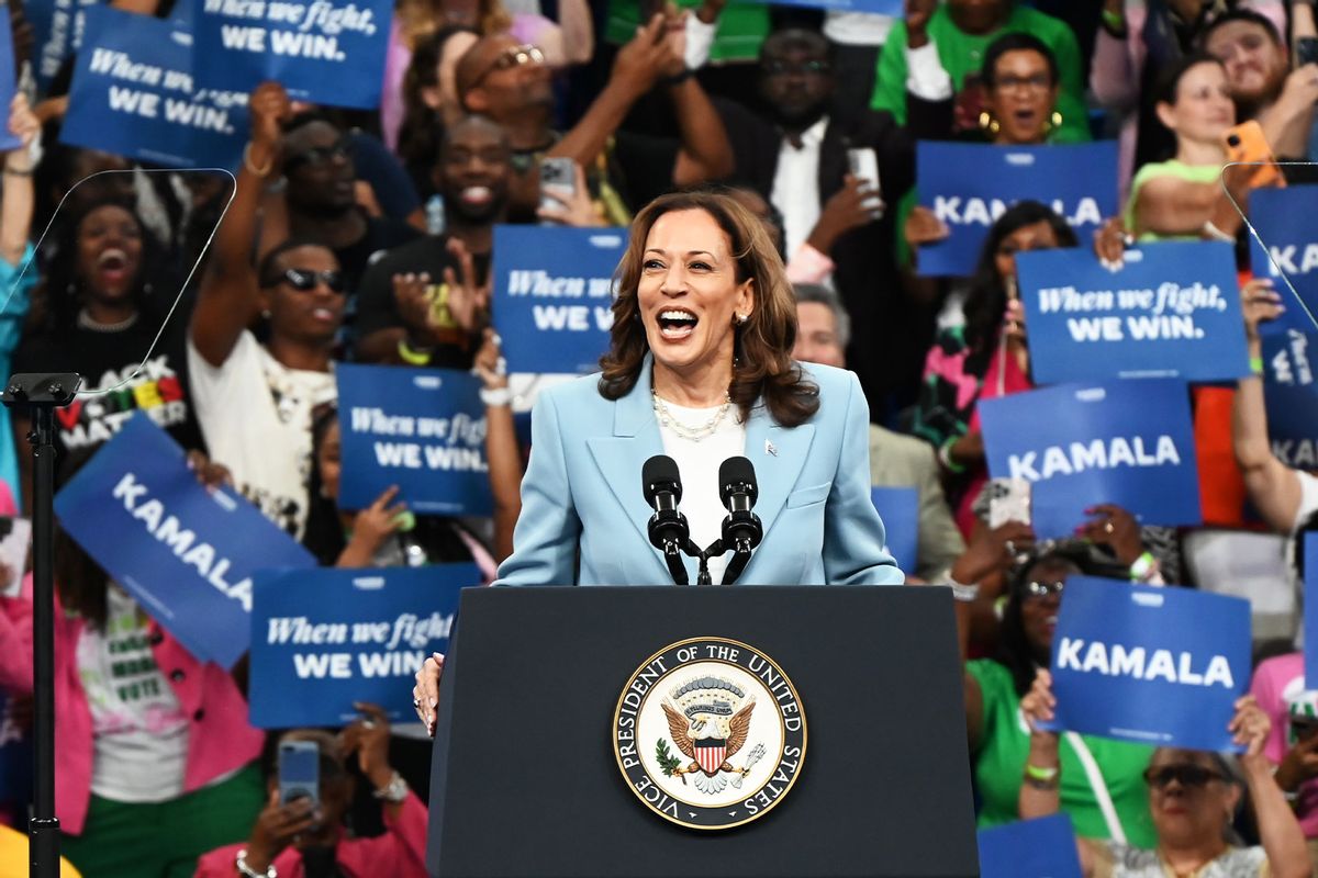 Vice President of the United States Kamala Harris makes a speech during her presidential campaign rally in Atlanta, Georgia, United States on July 30, 2024. (Vice President of the United States Kamala Harris makes a speech during her presidential campaign rally in Atlanta, Georgia, United States on July 30, 2024. (Photo by Kyle Mazza/Anadolu via Getty Images)