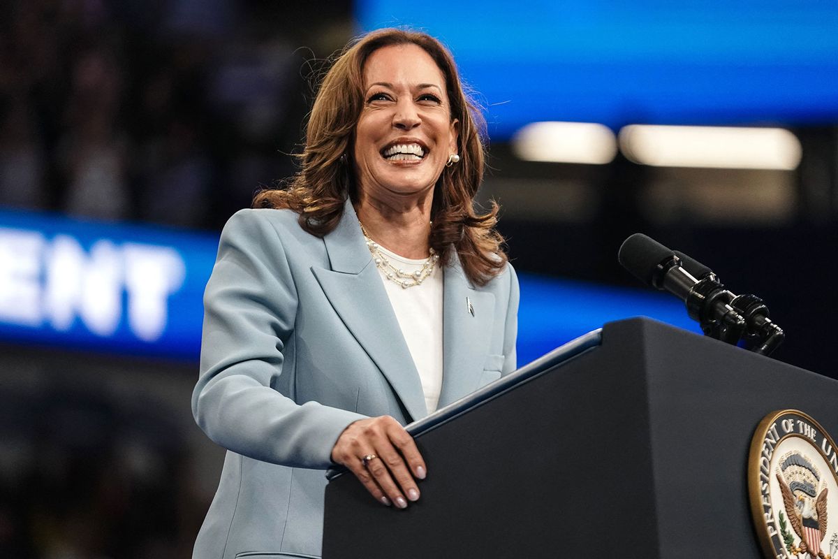 US Vice President and 2024 Democratic presidential candidate Kamala Harris smiles as she takes the podium to speak at a campaign rally in Atlanta, Georgia, on July 30, 2024. (ELIJAH NOUVELAGE/AFP via Getty Images)