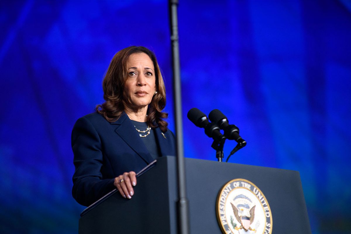 US Vice President and 2024 Democratic presidential candidate Kamala Harris speaks at Sigma Gamma Rho Sorority Inc.'s 60th International Biennial Boule in Houston, Texas, on July 31, 2024. (MARK FELIX/AFP via Getty Images)