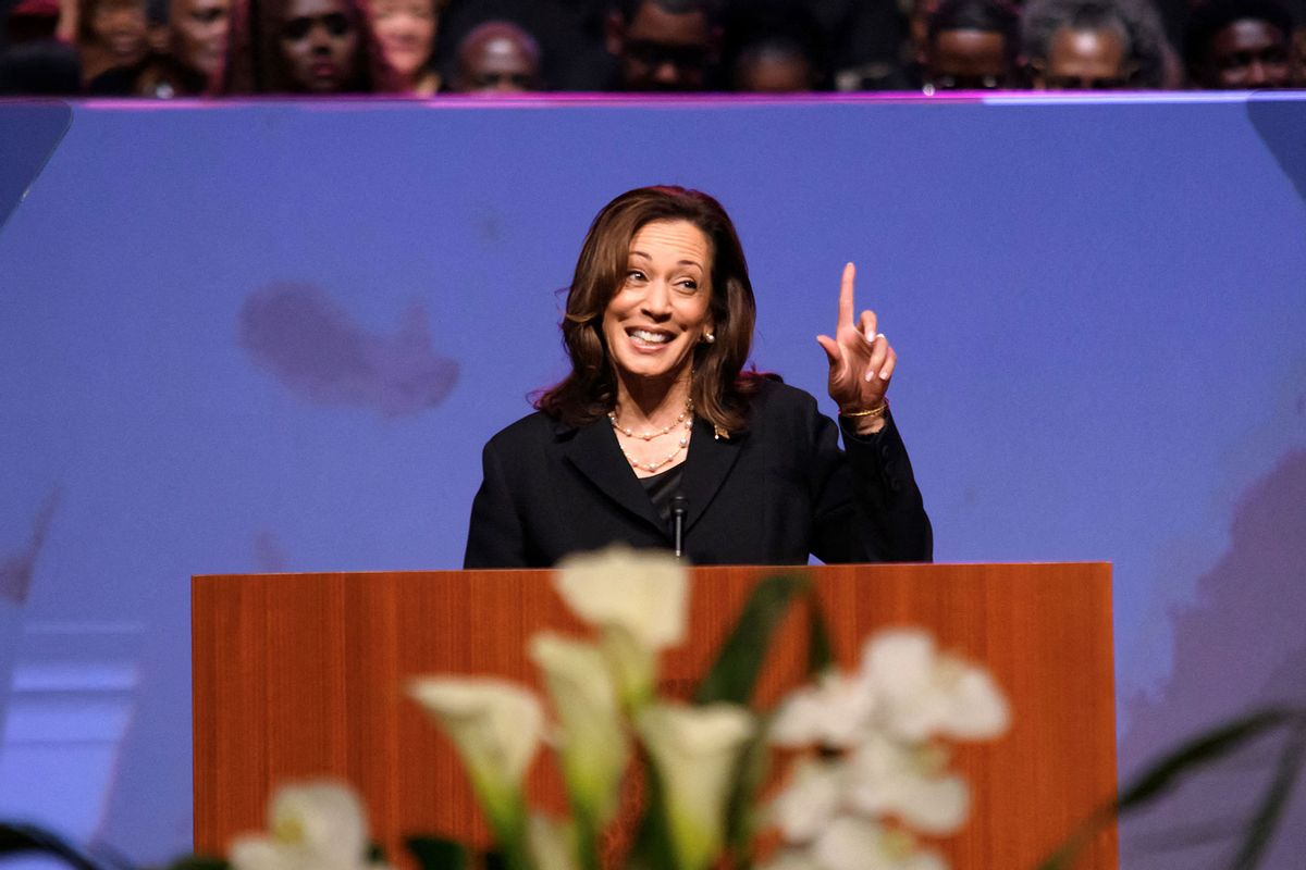 US Vice President and 2024 Democratic presidential candidate Kamala Harris delivers the eulogy for US Representative Sheila Jackson Lee at Fallbrook Church in Houston, Texas, on August 1, 2024. (MARK FELIX/AFP via Getty Images)