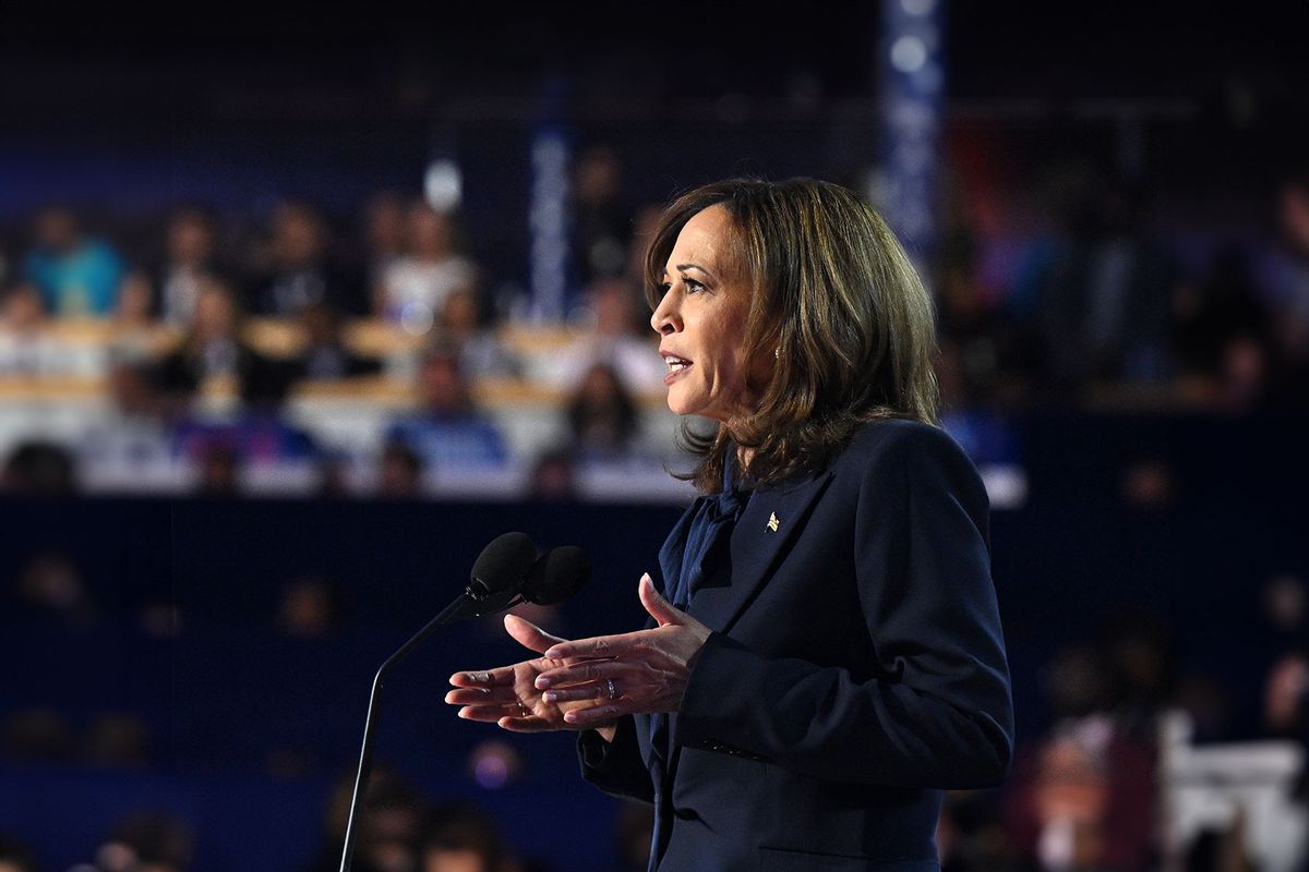 US Vice President and 2024 Democratic presidential candidate Kamala Harris speaks on the fourth and last day of the Democratic National Convention (DNC) at the United Center in Chicago, Illinois, on August 22, 2024. (SAUL LOEB/AFP via Getty Images)