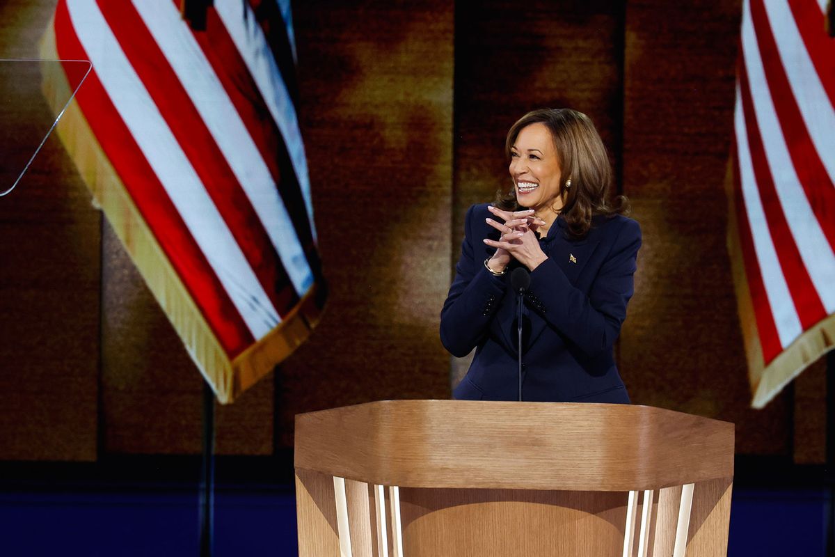 Democratic presidential candidate, U.S. Vice President Kamala Harris arrives to speak on stage during the final day of the Democratic National Convention at the United Center on August 22, 2024 in Chicago, Illinois. (Chip Somodevilla/Getty Images)