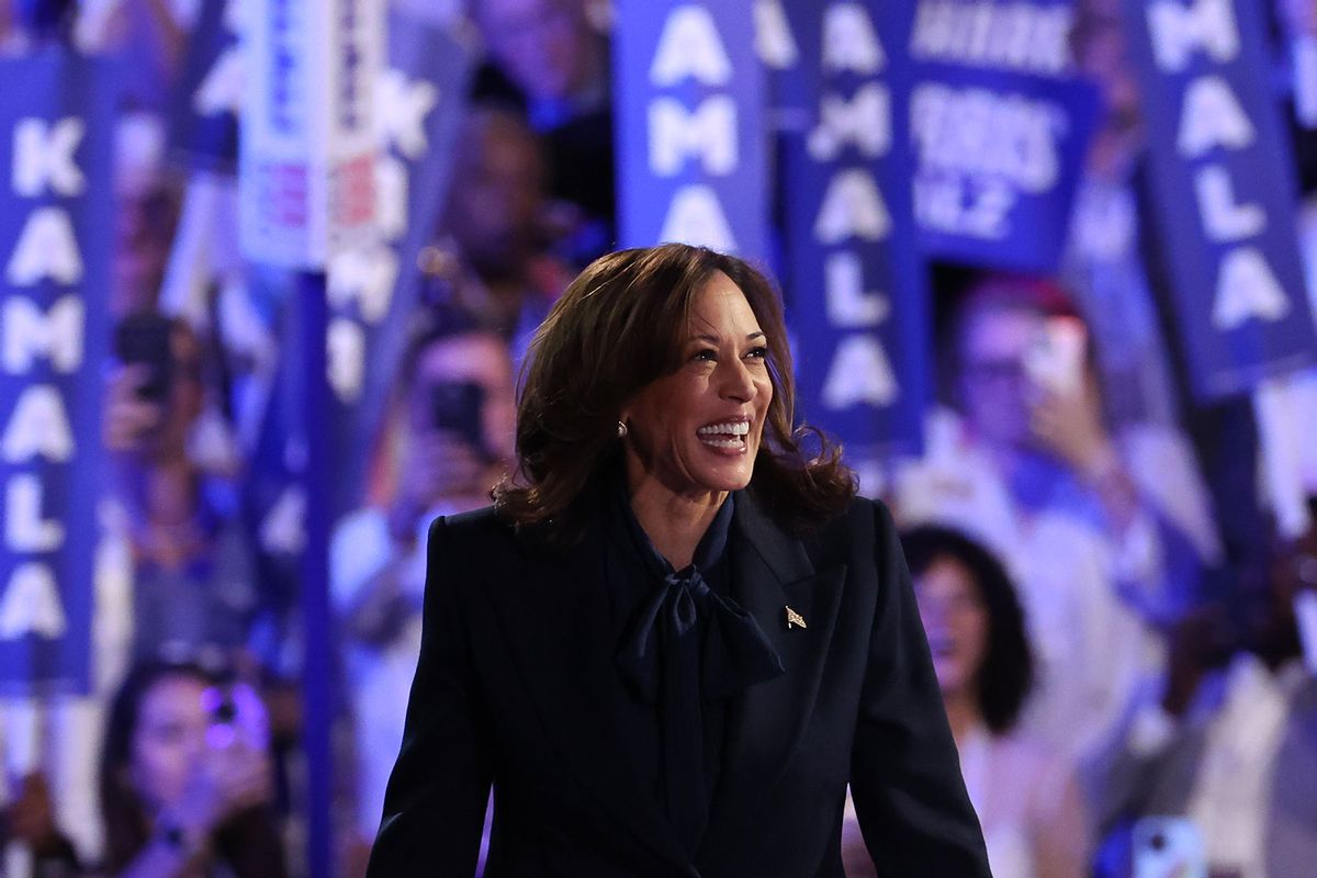 Democratic presidential candidate, U.S. Vice President Kamala Harris arrives to speak on stage during the final day of the Democratic National Convention at the United Center on August 22, 2024 in Chicago, Illinois. (Win McNamee/Getty Images)