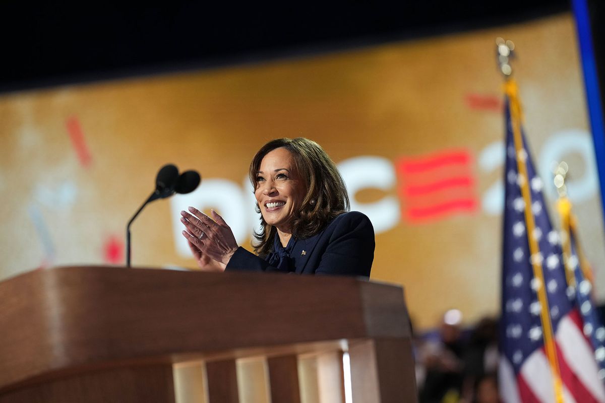 Democratic presidential candidate U.S. Vice President Kamala Harris speaks on stage during the final day of the Democratic National Convention at the United Center on August 22, 2024 in Chicago, Illinois. (Andrew Harnik/Getty Images)