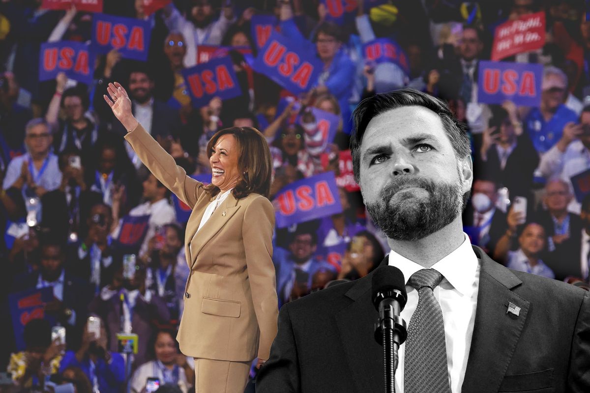 Democratic presidential candidate, U.S. Vice President Kamala Harris speaks onstage during the first day of the Democratic National Convention at the United Center on August 19, 2024 in Chicago, Illinois. | JD Vance (Photo illustration by Salon/Getty Images)