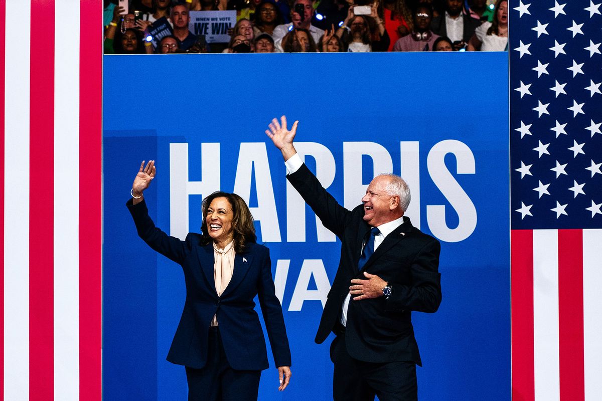 Vice President Kamala Harris and Democratic vice presidential nominee Minnesota Governor Tim Walz take the stage during a campaign event at the Liacouras Center at Temple University in Philadelphia, PA on Tuesday, August 6, 2024. (Demetrius Freeman/The Washington Post via Getty Images)