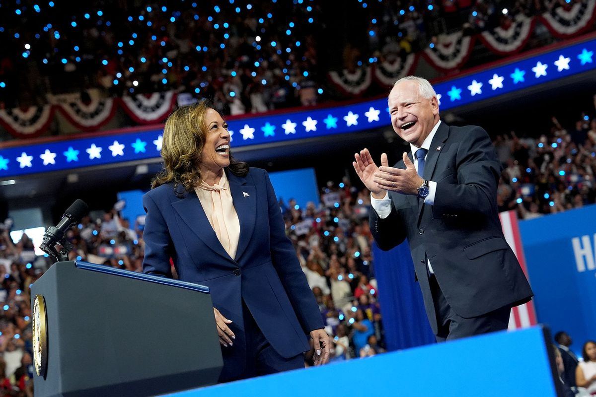 Democratic presidential candidate, U.S. Vice President Kamala Harris and Democratic vice presidential candidate Minnesota Gov. Tim Walz appear on stage together during a campaign event at Girard College on August 6, 2024 in Philadelphia, Pennsylvania. (Andrew Harnik/Getty Images)