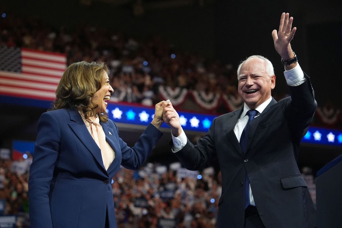 Democratic presidential candidate, U.S. Vice President Kamala Harris and Democratic vice presidential candidate Minnesota Gov. Tim Walz greet supporters during a campaign event at the Liacouras Center at Temple University on August 6, 2024 in Philadelphia, Pennsylvania. (Andrew Harnik/Getty Images)