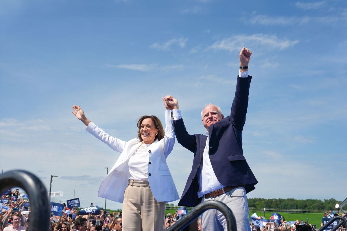 Vice President and Democratic presidential nominee Kamala Harris makes a campaign stop in Eau Claire with her new vice president pick, Minnesota Governor Tim Walz on Wednesday, Aug. 7, 2024. (Glen Stubbe/Star Tribune via Getty Images)