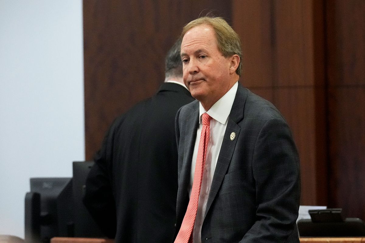 Texas Attorney General Ken Paxton appears at a pretrial hearing in his securities fraud case before state District Judge Andrea Beall in the 185th District Court Tuesday, March 26, 2024 at Harris County Criminal Courts at Law in Houston. (Yi-Chin Lee/Houston Chronicle via Getty Images)