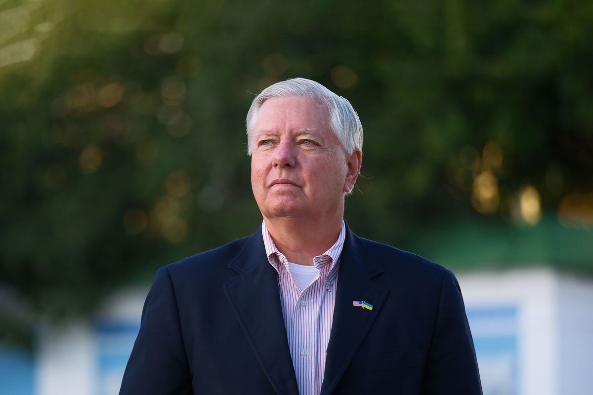 U.S. Senator Lindsey Graham speaks during briefing on August 12, 2024 in Kyiv, Ukraine. (Vitalii Nosach/Global Images Ukraine via Getty Images)