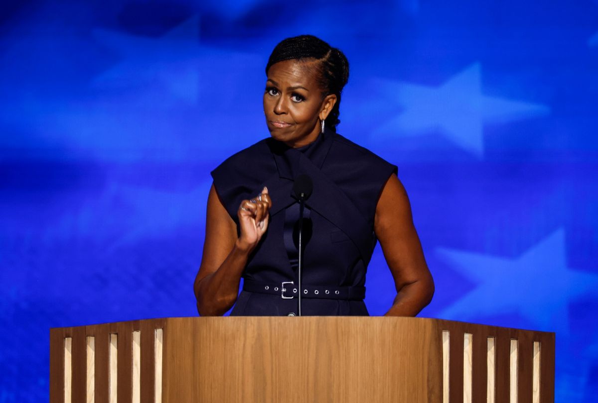 Former first lady Michelle Obama speaks on stage during the second day of the Democratic National Convention at the United Center on August 20, 2024 in Chicago, Illinois. (Chip Somodevilla/Getty Images)