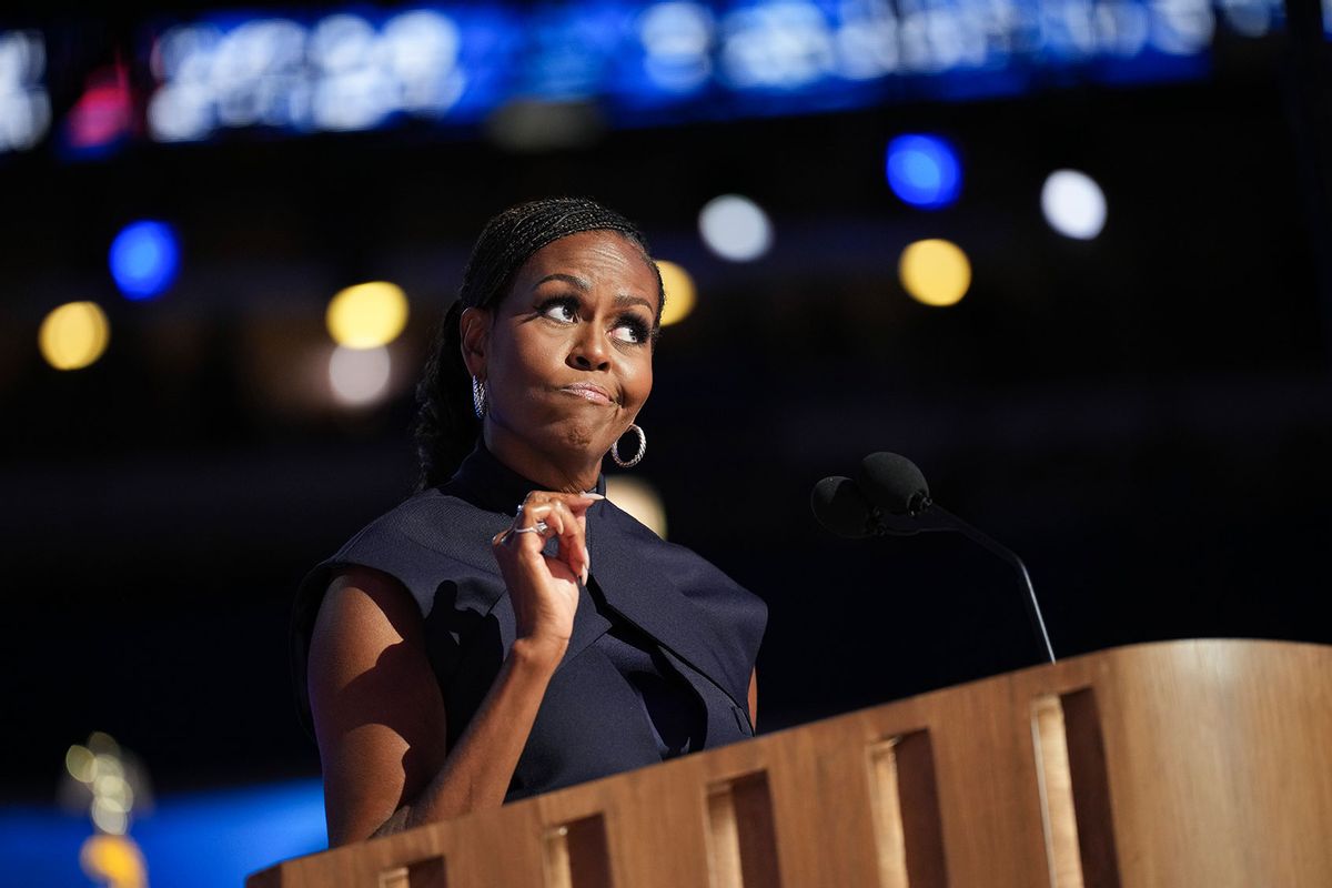 Former first lady Michelle Obama speaks on stage during the second day of the Democratic National Convention at the United Center on August 20, 2024 in Chicago, Illinois. (Andrew Harnik/Getty Images)