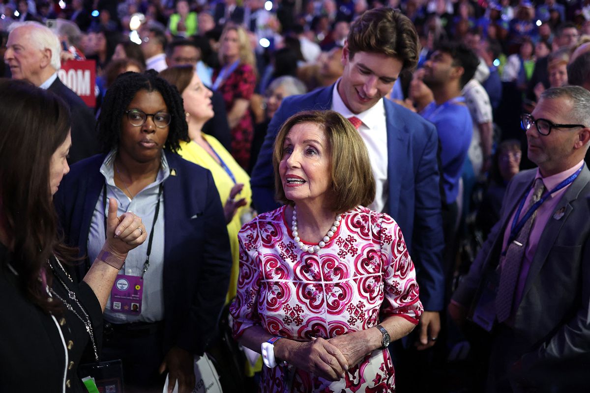 Former US House Speaker Nancy Pelosi (C) attends the second day of the Democratic National Convention (DNC) at the United Center in Chicago, Illinois, on August 20, 2024. (CHARLY TRIBALLEAU/AFP via Getty Images)