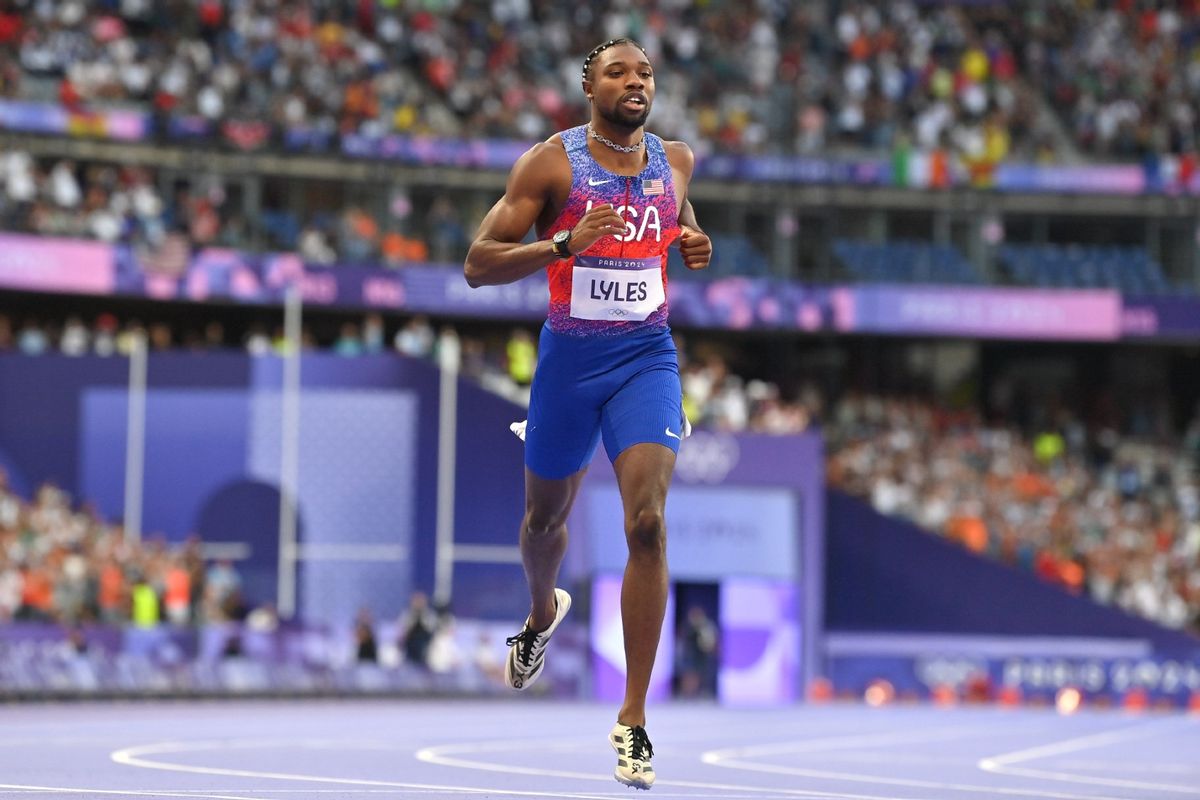 Noah Lyles of Team United States after competing in the men's 200m final at the Stade de France during the 2024 Paris Summer Olympic Games in Paris, France. (Sam Barnes/Sportsfile via Getty Images)