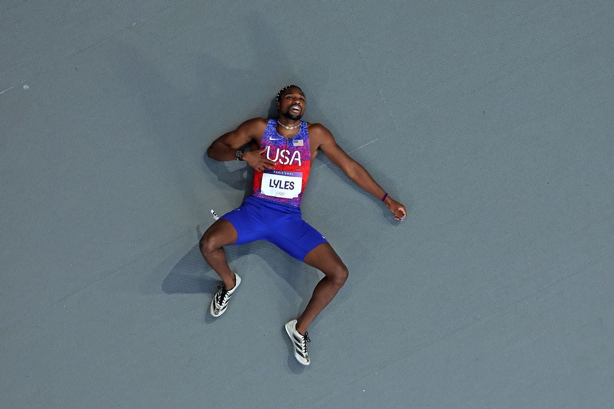 Bronze medalist Noah Lyles of Team United States reacts after competing in the Men's 200m Final on day thirteen of the Olympic Games Paris 2024 at Stade de France on August 08, 2024 in Paris, France. (Richard Heathcote/Getty Images)